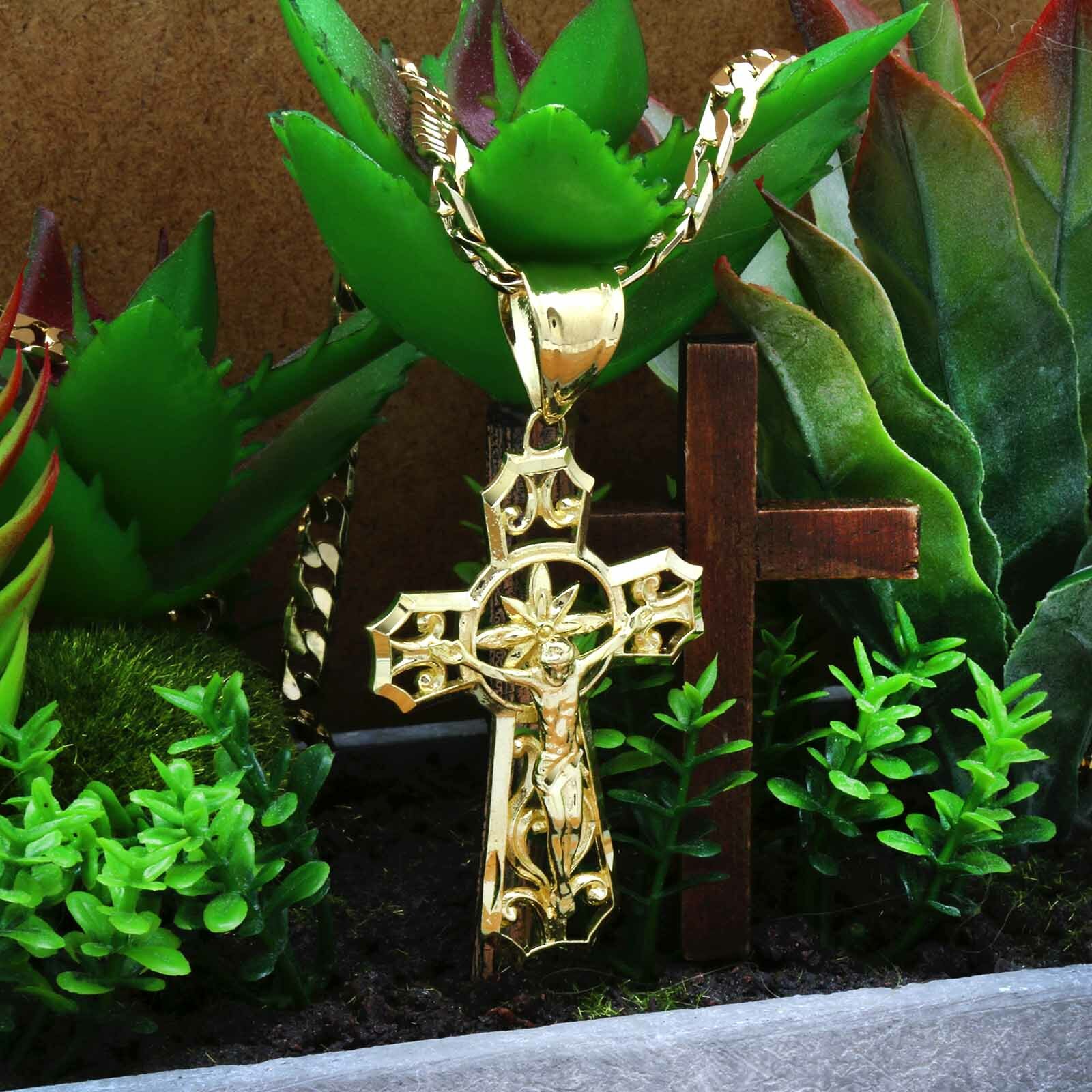 Mens 18k Gold Plated Brass Jesus Curve Cross Pendant 6mm 24″ Cuban Chain