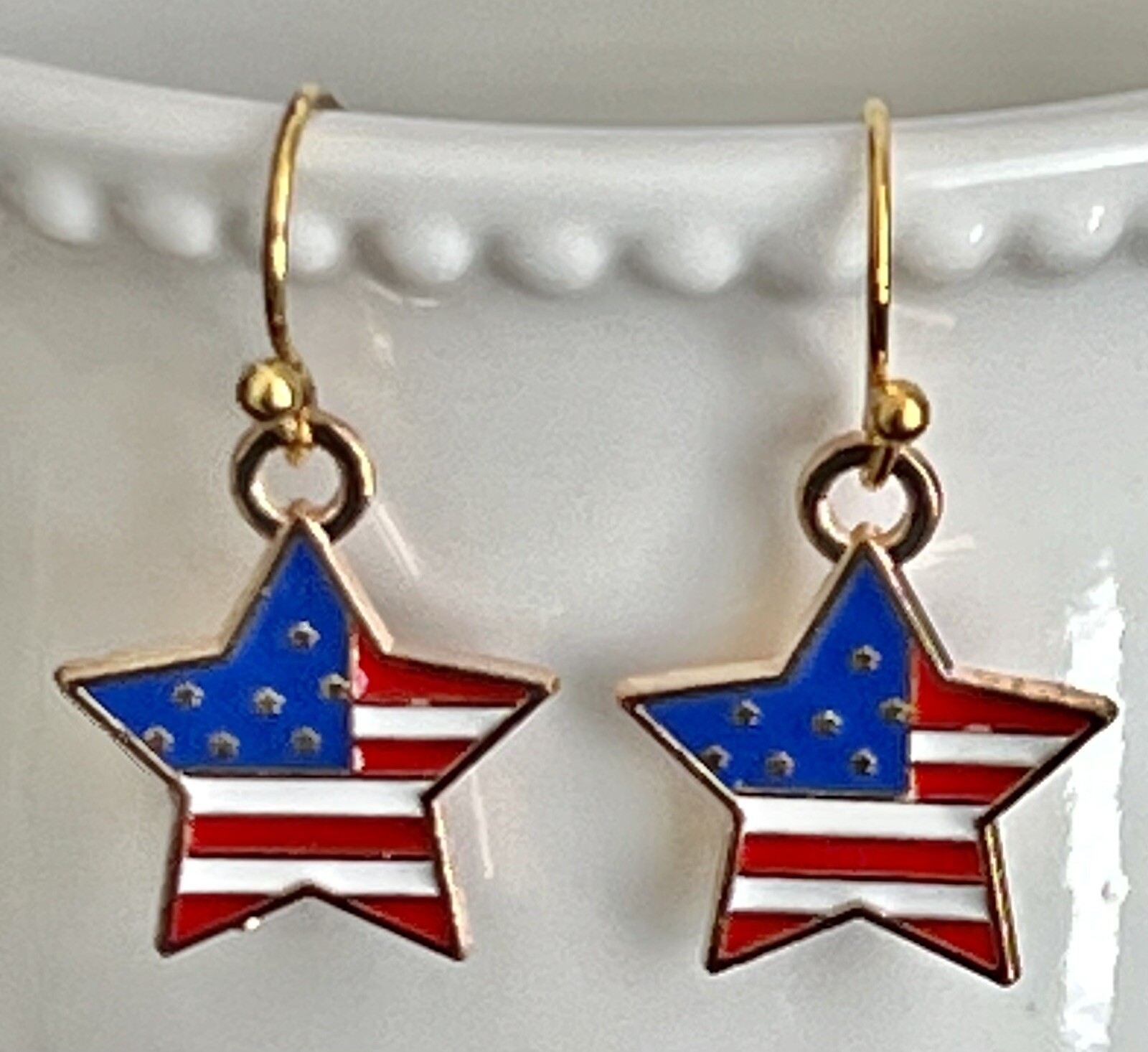 Gold Star Earrings. Patriotic. Red White & Blue. I Love America.
