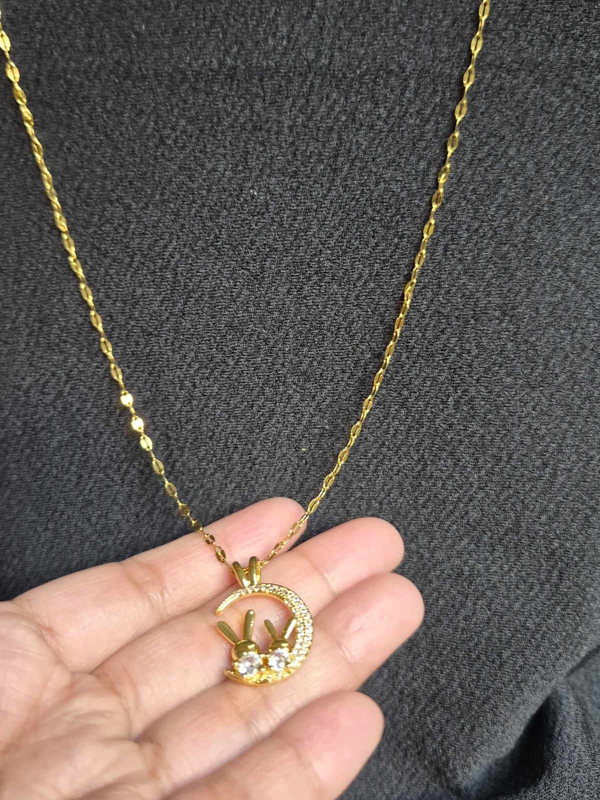Gold Tone Cable Chain Rabbit Crescent Moon CZ Charm Pendant Necklace Toggle