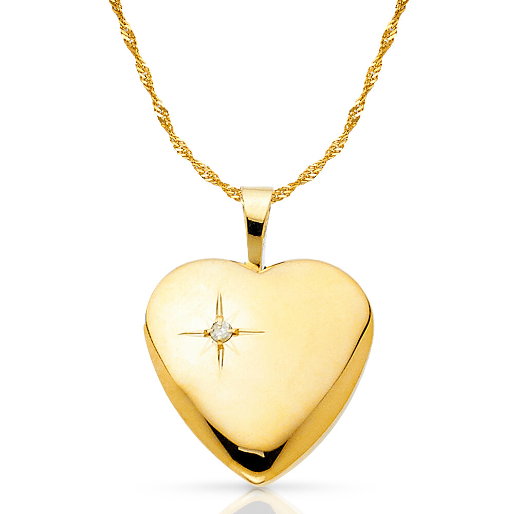 14K Yellow Gold Heart & CZ Locket Charm Pendant & 1.2mm Singapore Chain Necklace