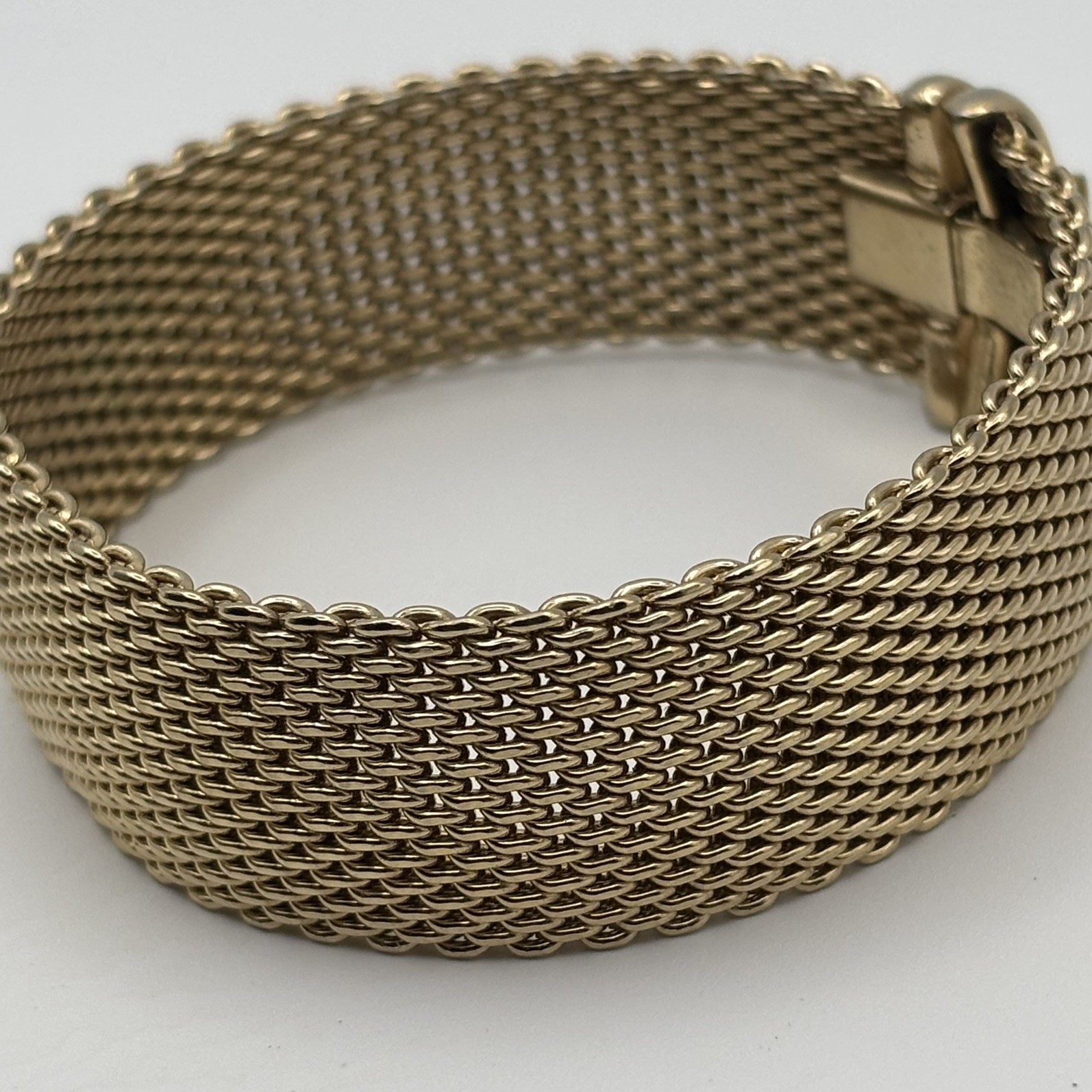 Woven Mesh Bracelet 14K Gold Electroplate ESPO Signed 7.5″ long; 0.75” wide 44g