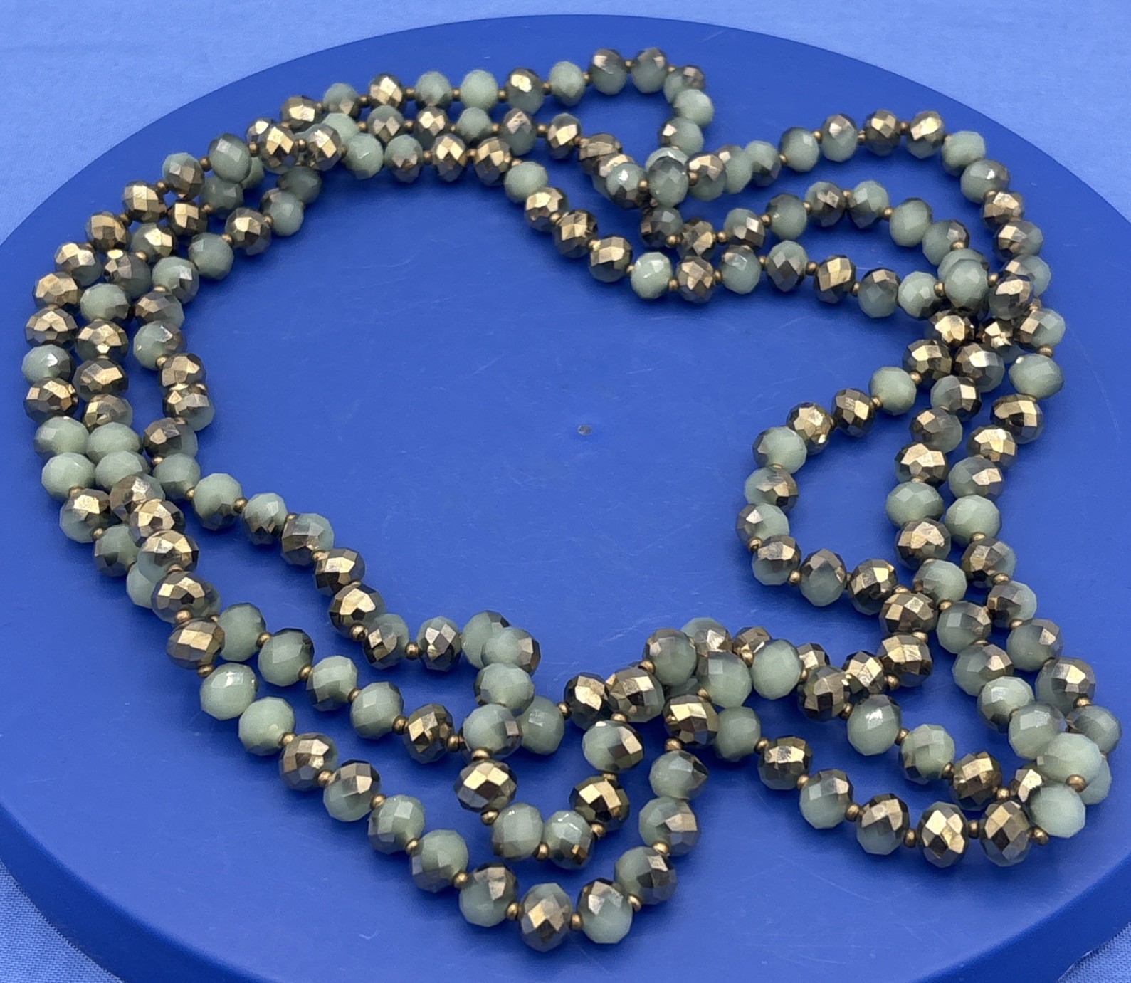 60” Faceted Glass Bead Necklace Metallic Gold Sage Green Long Wrap