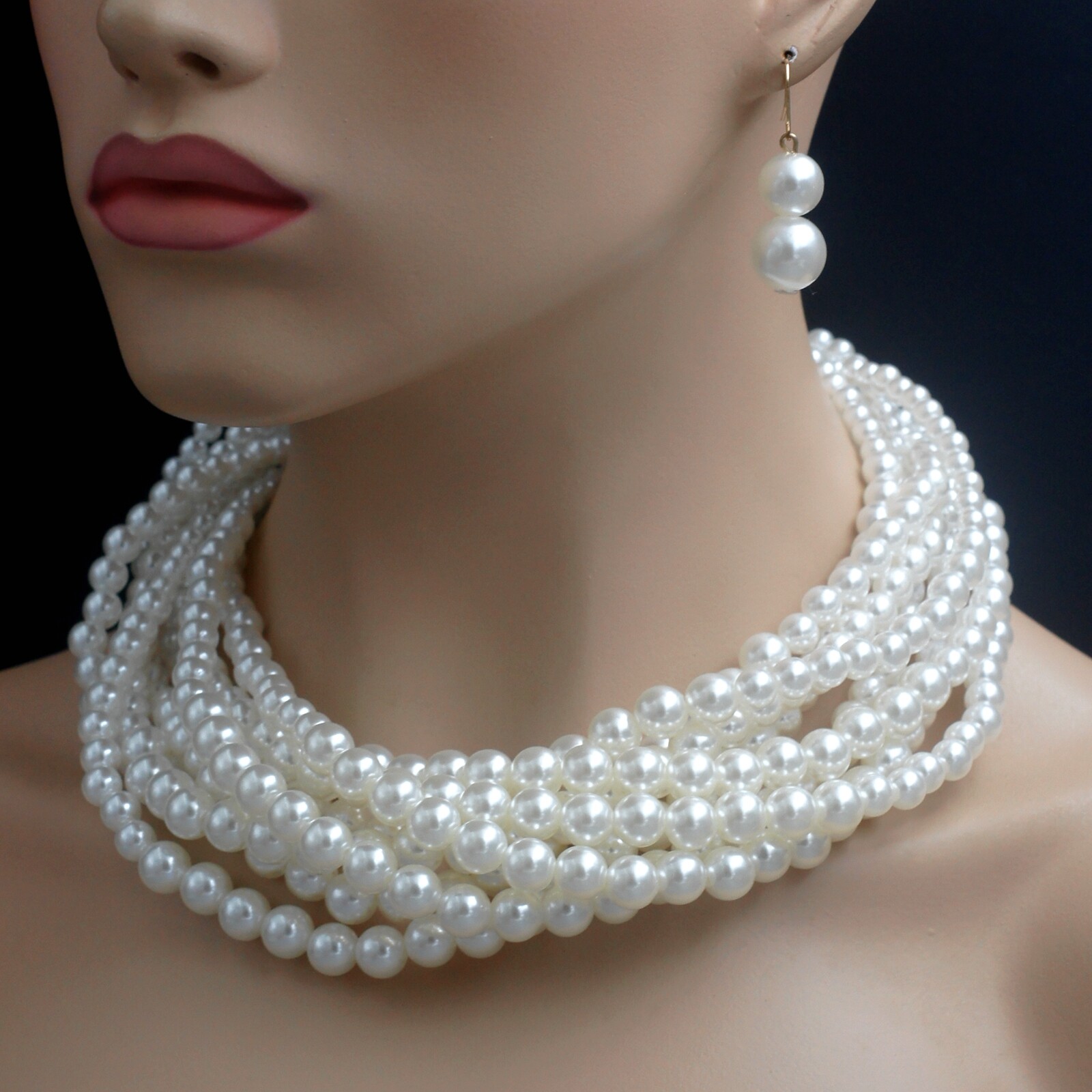White Glass Pearl Multi Layered Strand String Necklace Earrings Jewelry set 0090