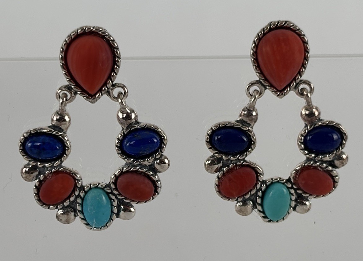 Sterling Silver Red Coral Turquoise Lapis Lazuli Inlay Pair Of Studded Earrings