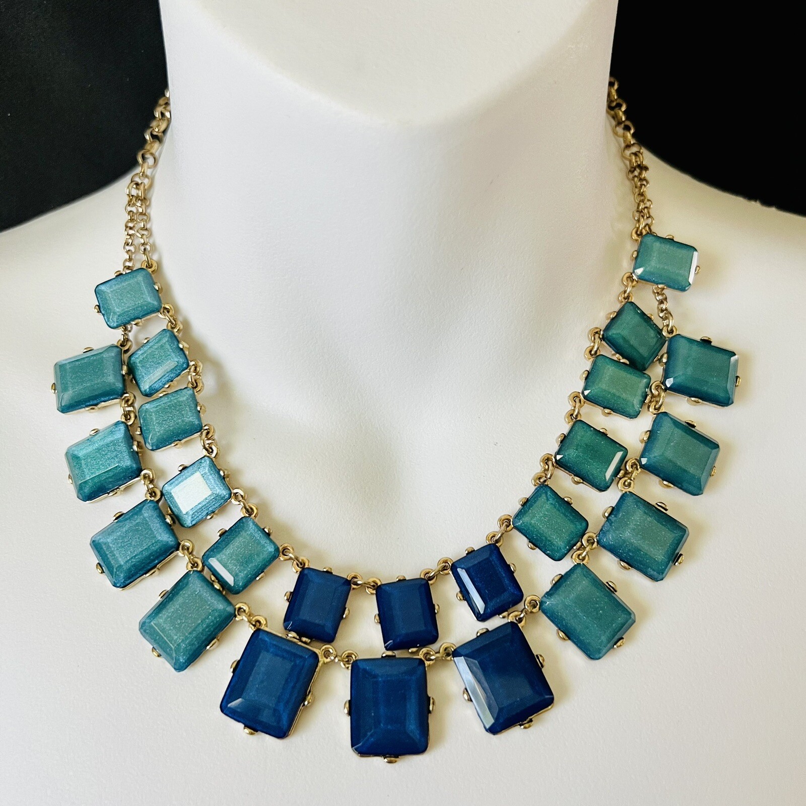 Statement Faceted Resin Stone Green Blue Gold Tone Bib Layered Necklace 4028