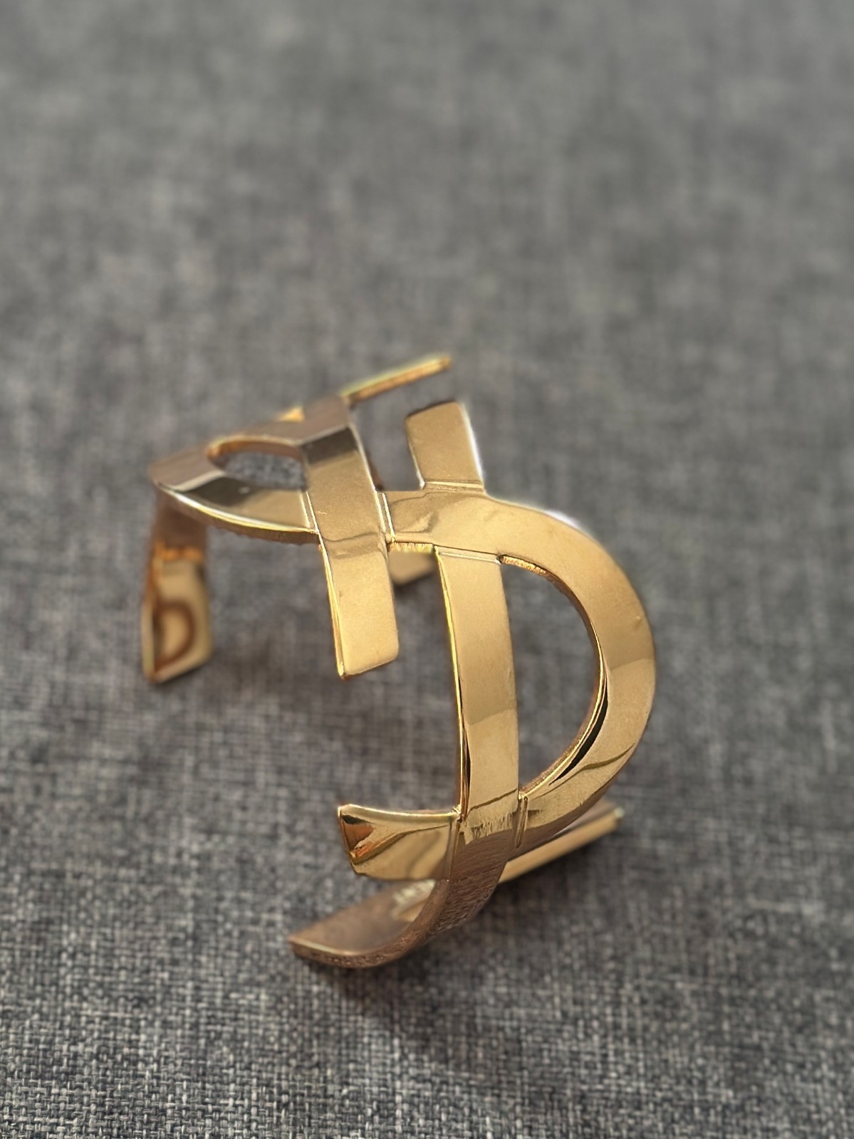 Saint Laurent Rose Gold Tone Logo Cuff Bracelet YSL Open Bangle Statement Luxury