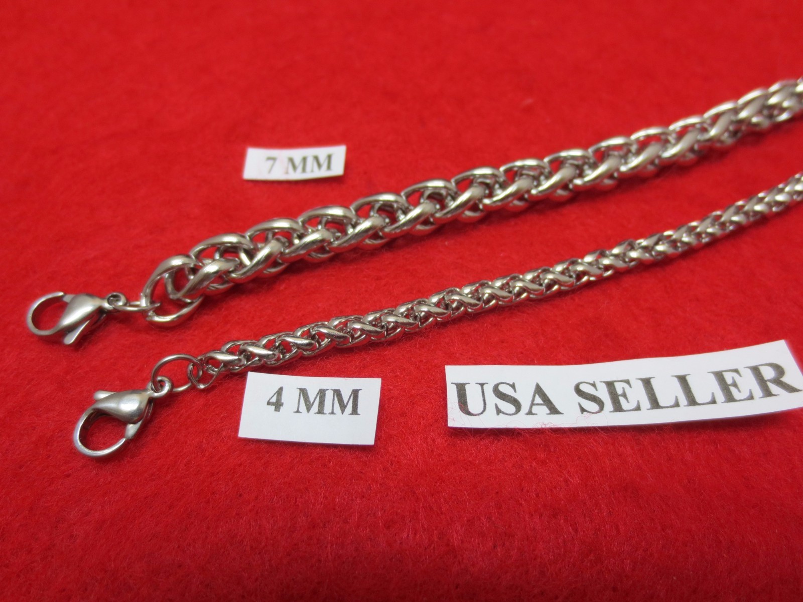 4/7MM Mens, Boys 7″-44″Stainless Steel Silver Braided Wheat Chain Necklace