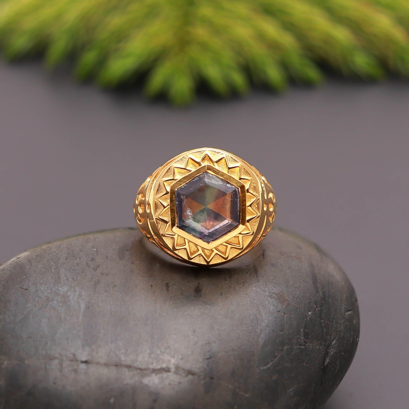 Natural Rainbow Fluorite Hexagon Ring 925 Sterling Silver Gold Filled Jewelry