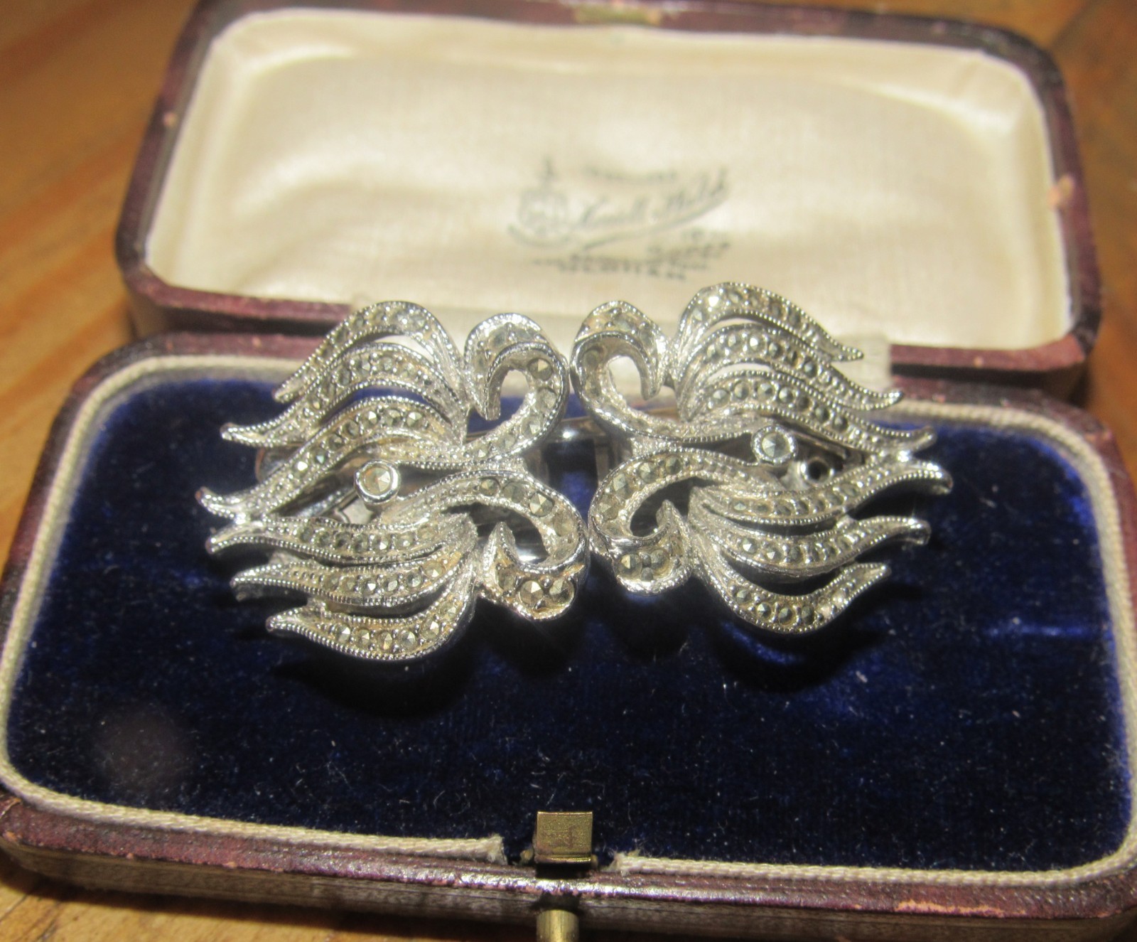 Vintage art deco silver marcasite duette convertable brooch pin hair fur clips