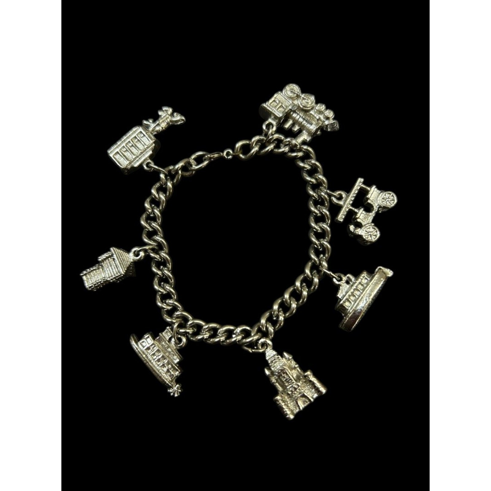 Silvertone Charm Bracelet Travel Theme 6.5″ Spring Clasp
