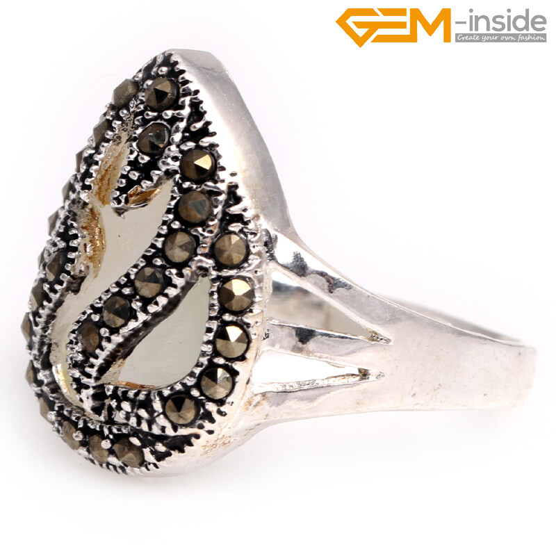 Assorted Stones Teardrop Silver Marcasite Beads Ring Jewelry Gift US Size #7-#10