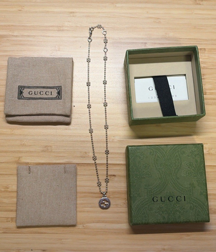 Gucci Silver Round GG Charm Pendant Link Chain Necklace, Lobster Clasp Signed