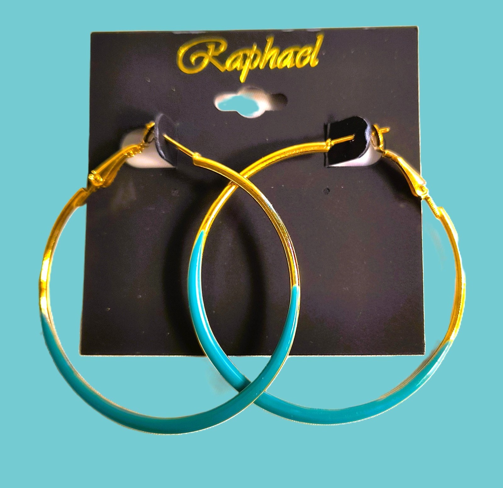 Raphael New With Tags Round Hoop Earrings Teal / Goldplated 2 Inches Snap Lock
