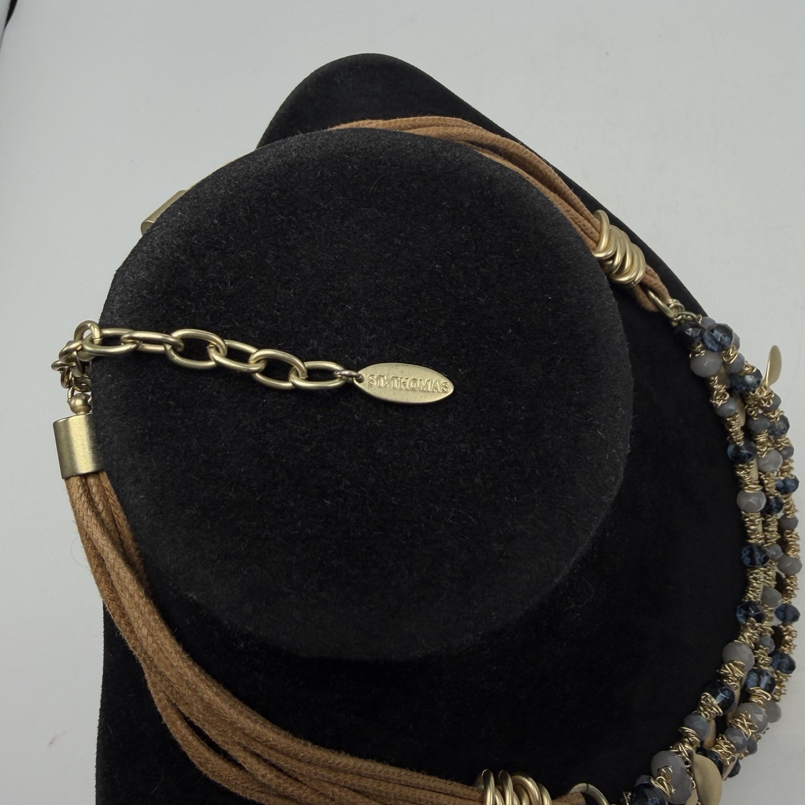 Statement Necklace Gold Tone Disc Brown Cord Gray Bead St Thomas Career Office