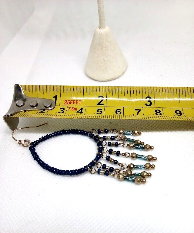 Tear Drop Dream Catcher Style Dangle Earrings with Dark Blue Seed Beads