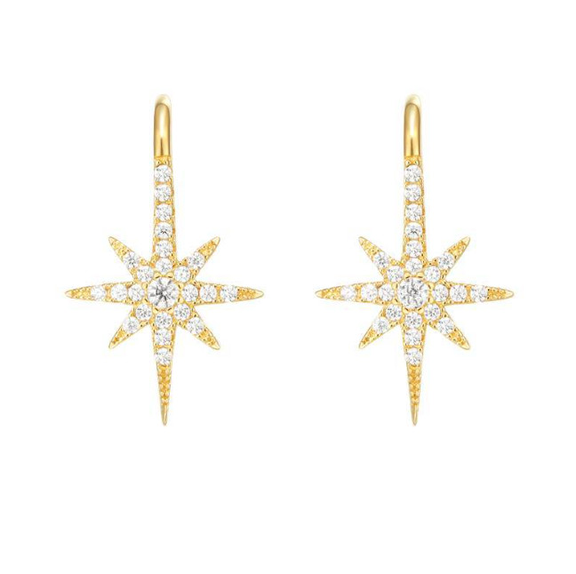 925 Sterling Silver Cz North Star Starburst Hook Stud Earrings 12x19mm Gift I119