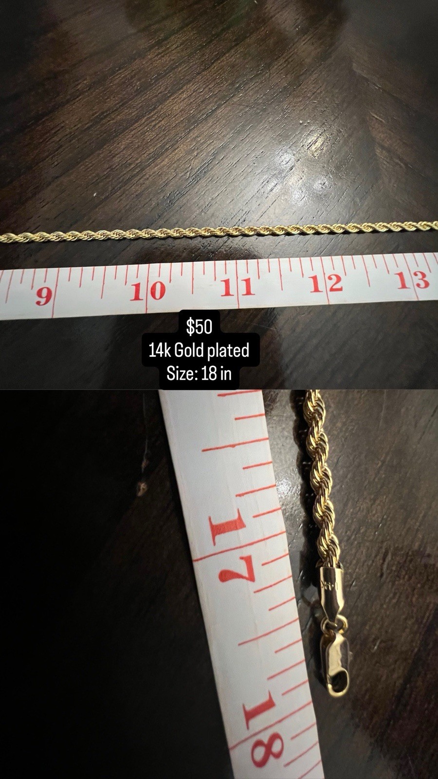 14K Yellow Gold Plated Rope Chain Necklace, Lobster Clasp, 18 in