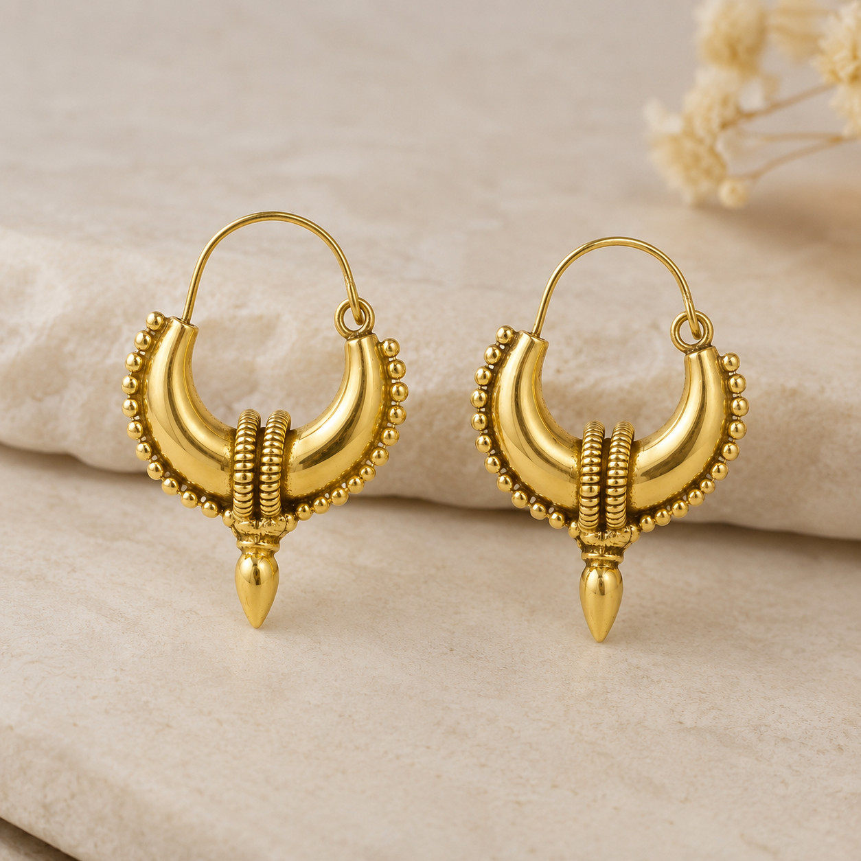 Gold Plated Tribal Hoop Earrings for Women, Boho Crescent Hoop Dangle Earring