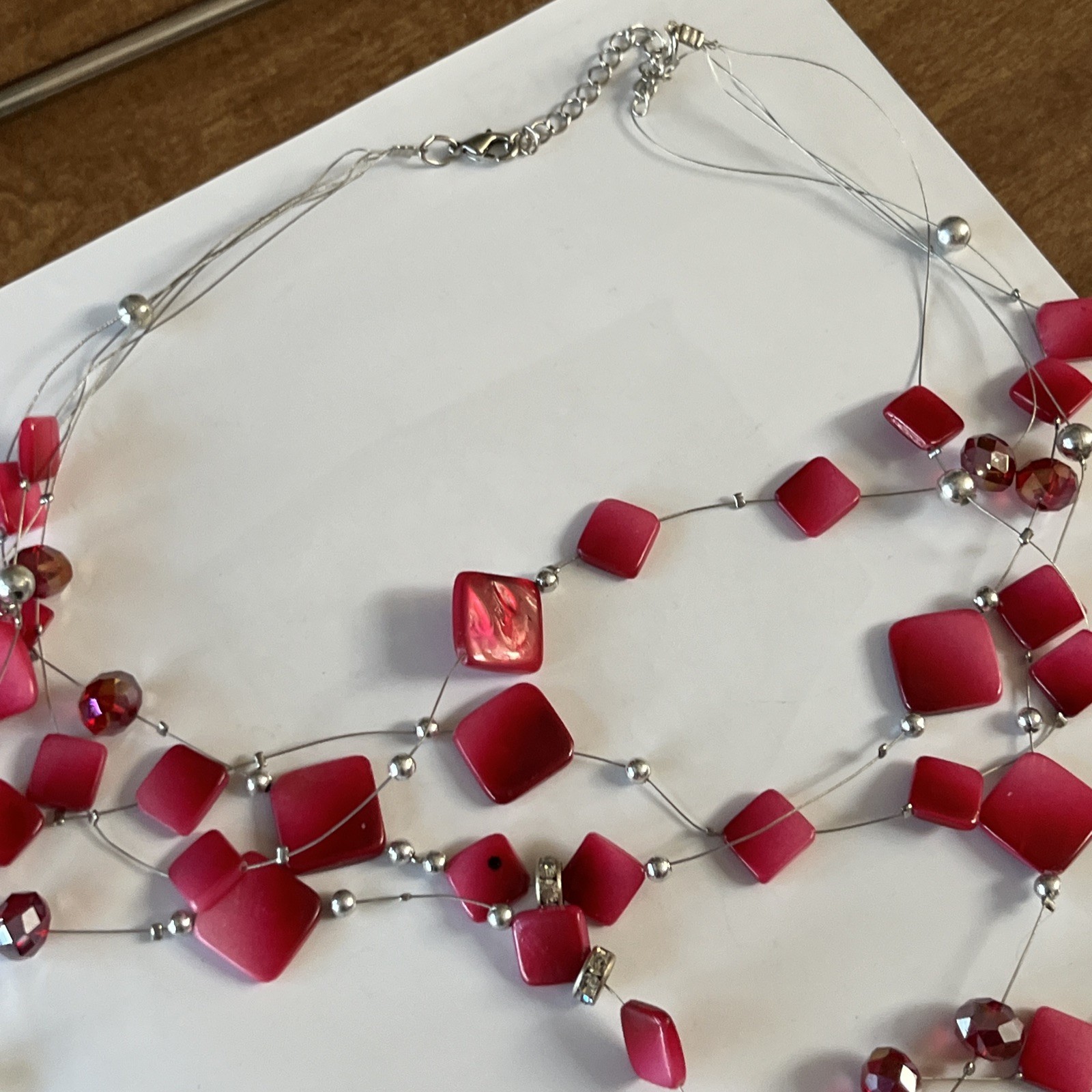 5 layers 27 inch Layered Hot Pink And Grey silver tones Beaded Necklace elegant