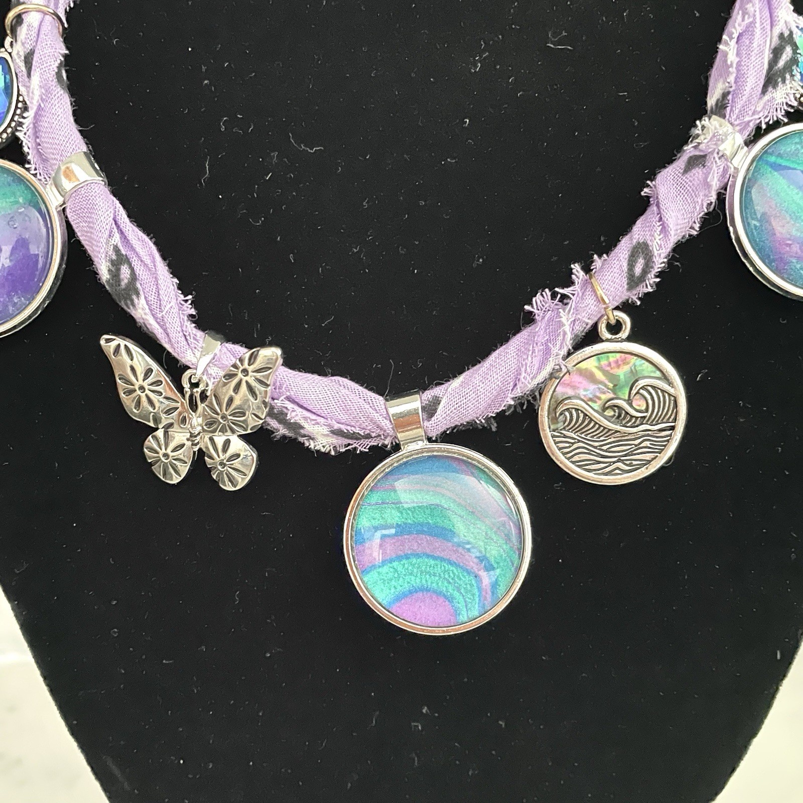 Fluid Art Paint Pour Handmade Charm Bandana Necklace Purple, Teal