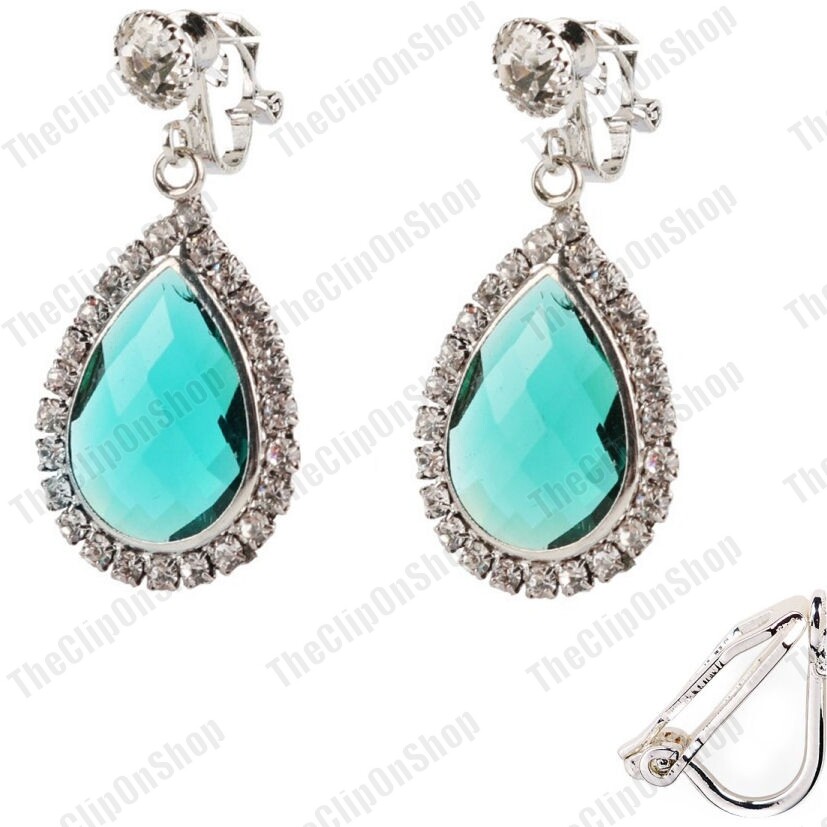 3.5cm CLIP ON glass teardrop SILVER&GREEN AQUA CRYSTAL drop EARRINGS dropper