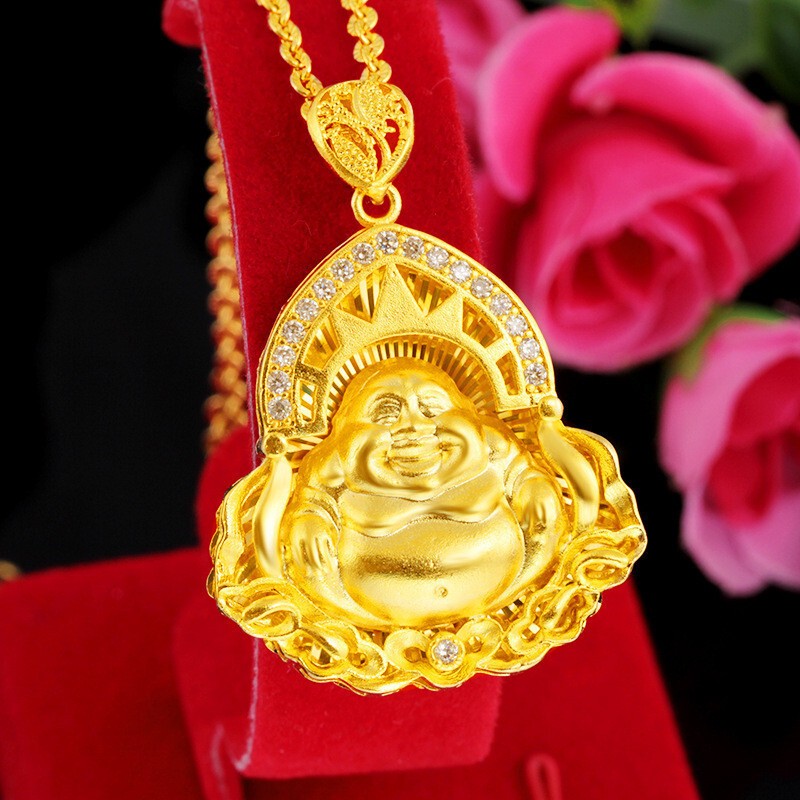 3A zircon inlaid Maitreya Buddha 24K Thai Baht Yellow Gold GP Necklace 18‘’