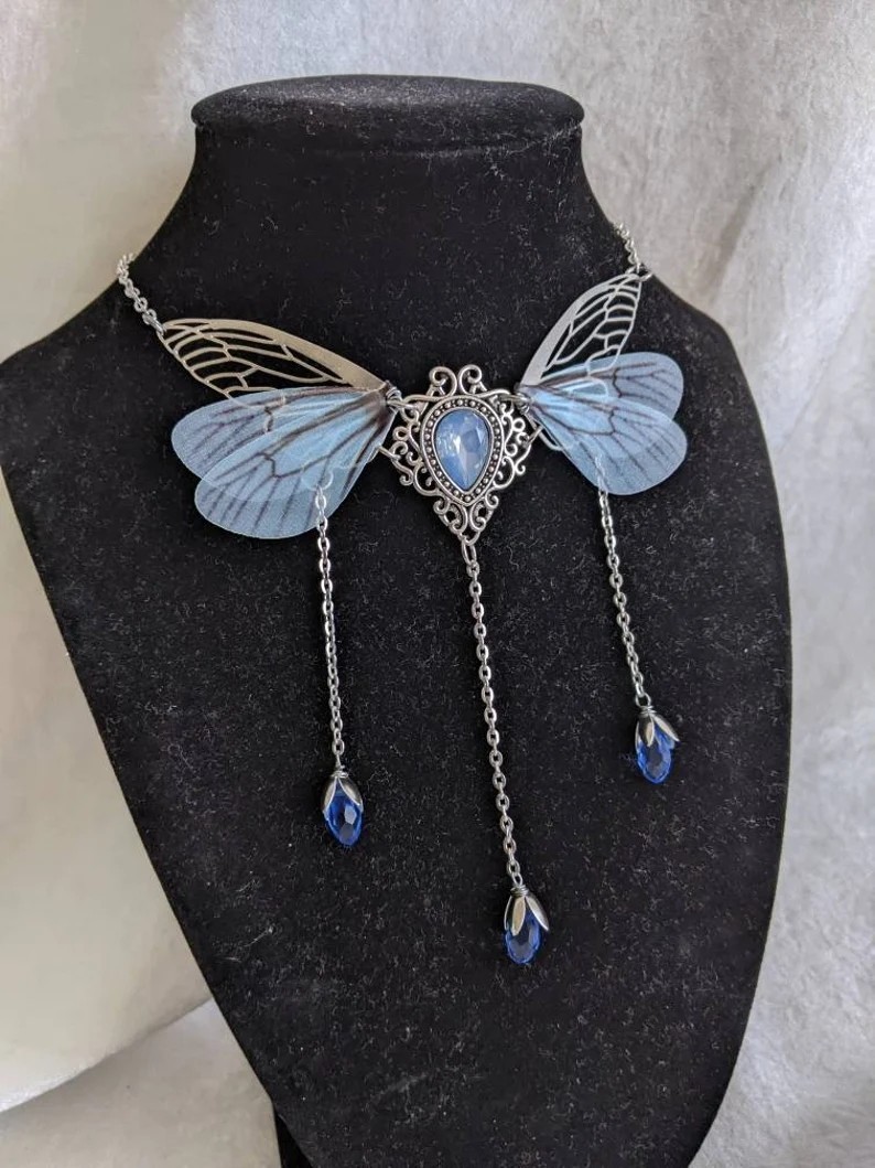 Fairy Wing Pendant Necklace Gothic Butterfly Crystal Charm Chain Fantasy Cosplay