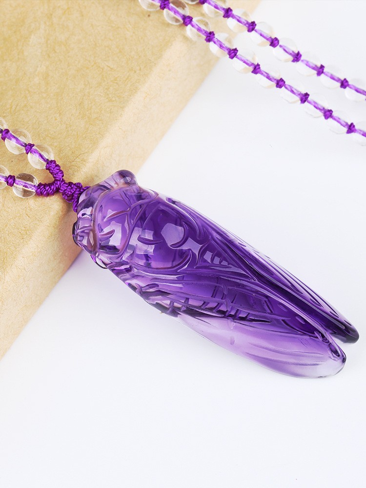 Purple Cicada Pendant Necklace Crystal Insect Charm Beaded Chain Jewelry Gift