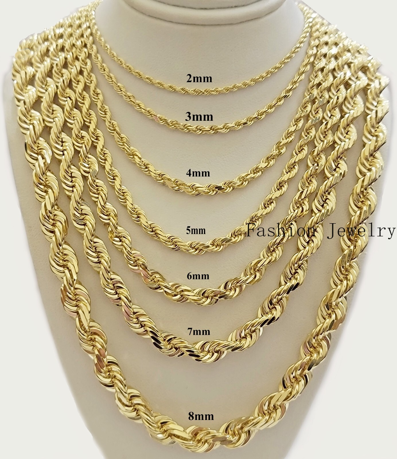 Real Solid 10k Gold Rope Chain Necklace 4mm-10mm Diamond Cut 18″-30″ For Pendant