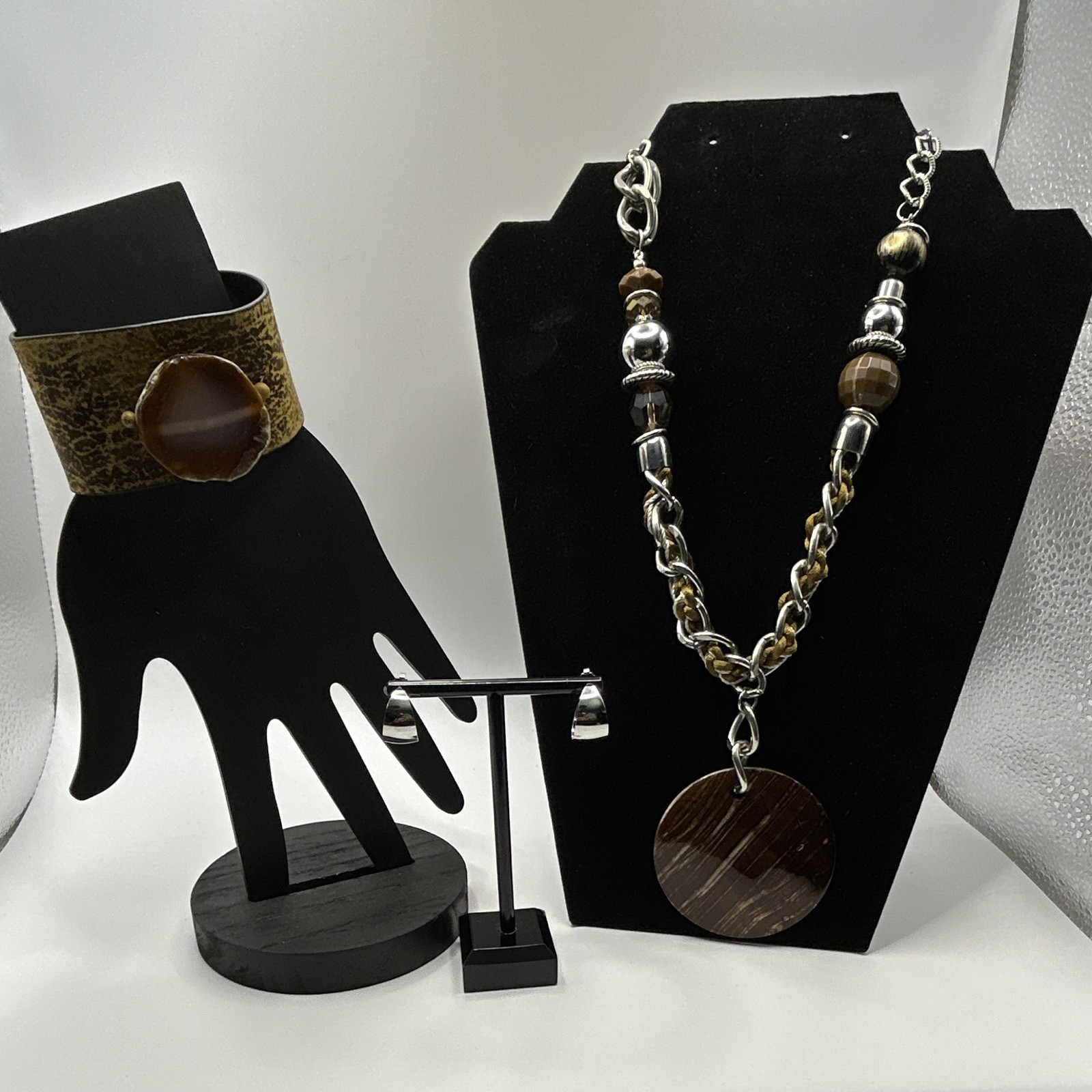Boho Earth-Tone Top Notch Jewelry Lot Set Statement Necklace Cuff Bracelet Hoops