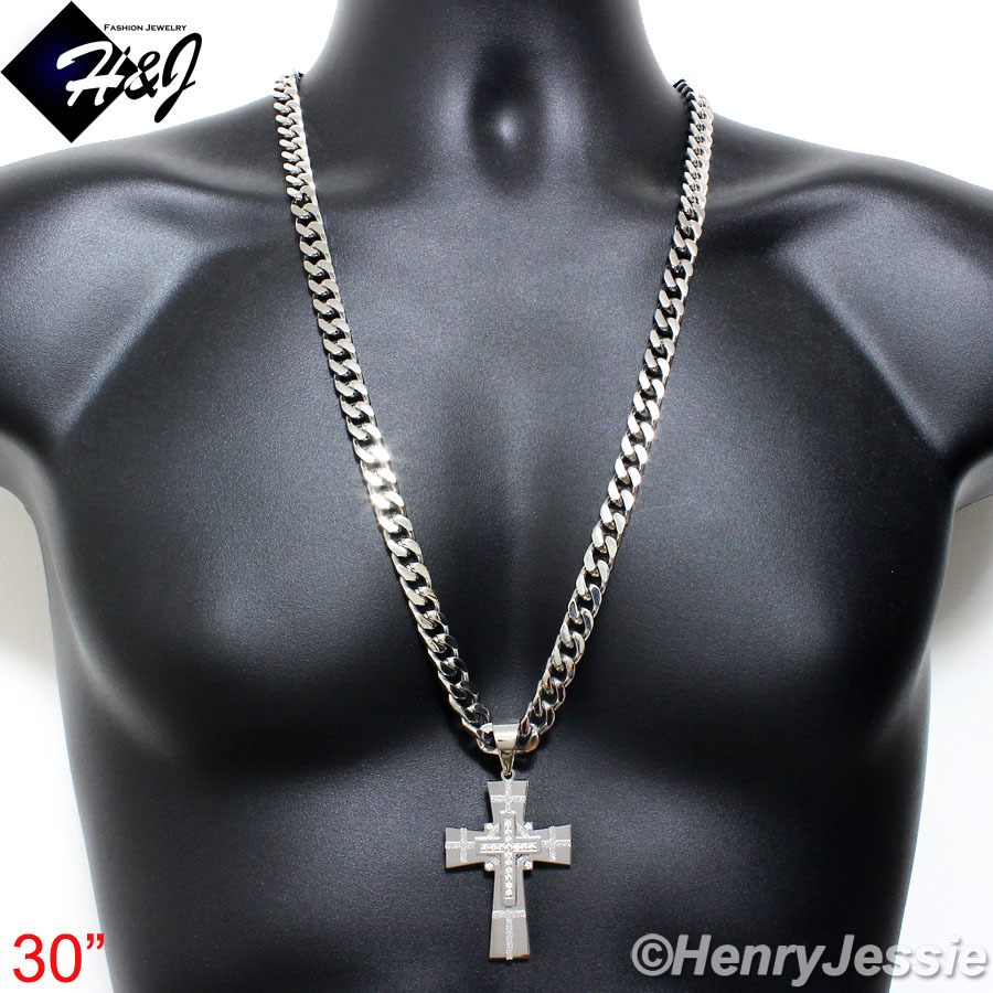 18-40″MEN Stainless Steel 9mm Silver Cuban Curb Chain Bling CZ Cross Pendant*N7