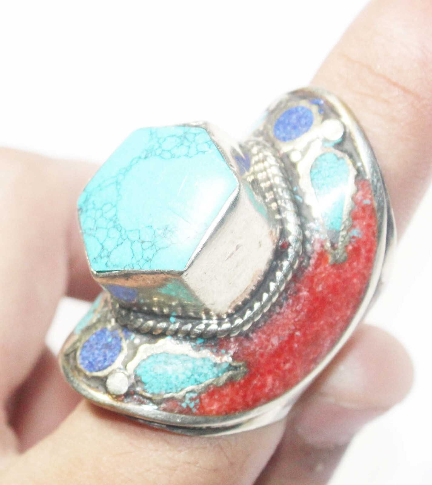 Turquoise Coral Lapis Lazuli Gemstone Handmade Nepali Jewelry Ring Size 11.5 In