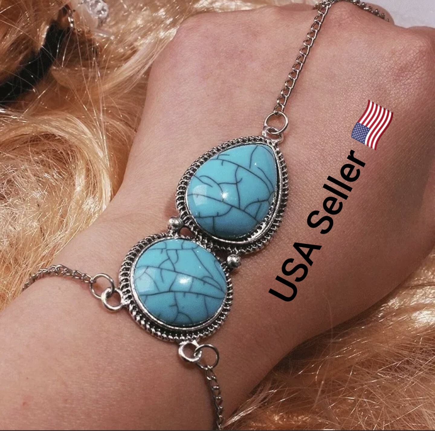 New Bohemian Beach Retro Ethnic Blue Green Stone Fingered Bracelets Hand Jewelry