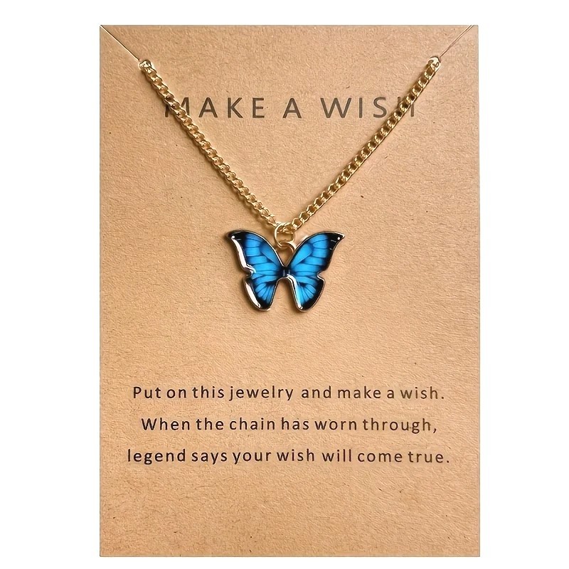 Boho Butterfly Pendant Necklace Blue Enamel Golden Toned Chain Gift