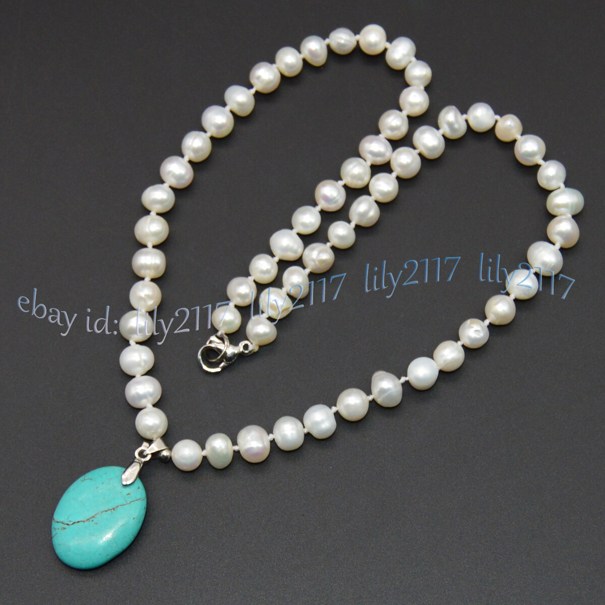 6-11mm White Freshwater Cultured Baroque Pearl Turquoise Oval Pendant Necklaces