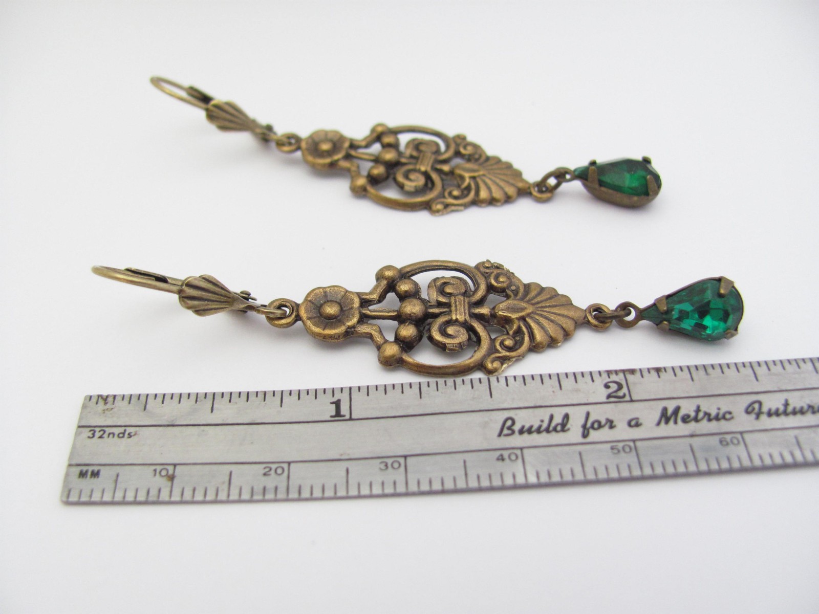 Art Deco Earrings Design Emerald Green Crystal Bohemian Antiqued Brass Long