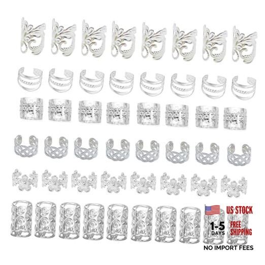 60Pcs Hair Jewelry Braid Cuffs hair Jewels for Women Dreadlock Hair Silver