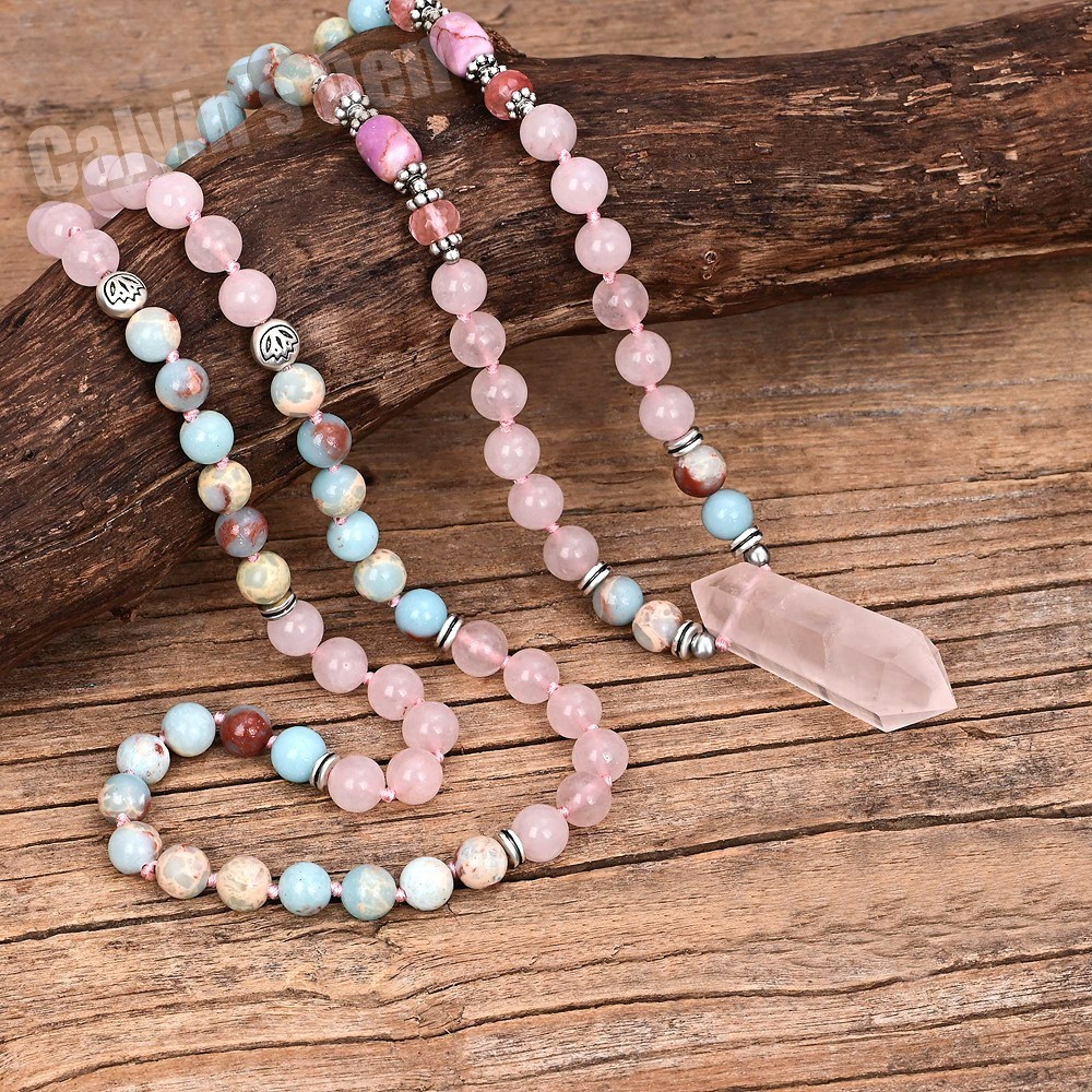 Rose Quartz Impression Jasper Bead Necklace + Rose Quartz Crystal Point Pendant