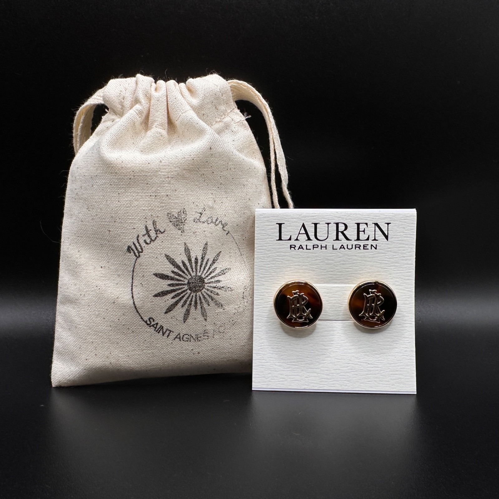 Lauren by Ralph Lauren Tortoise Round Serif Logo Earrings | Giftable, New