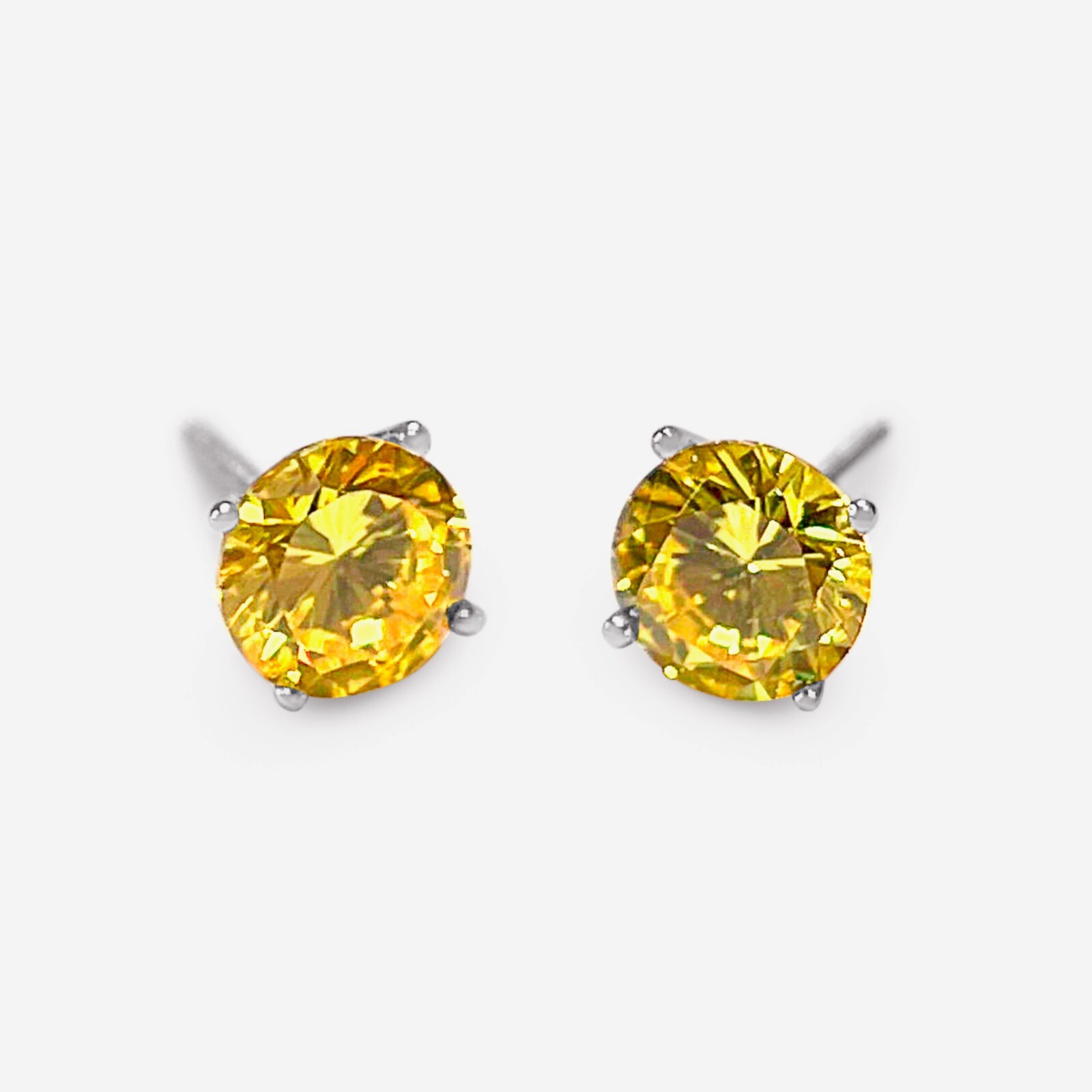 14K Solid White Gold Stud Earrings, Yellow Canary Earrings, 2tcw, Screw Back