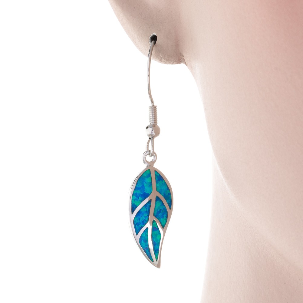 Nature Leaf Shape Ocean Blue Fire Opal Silver Jewelry Dangle Drop Earrings