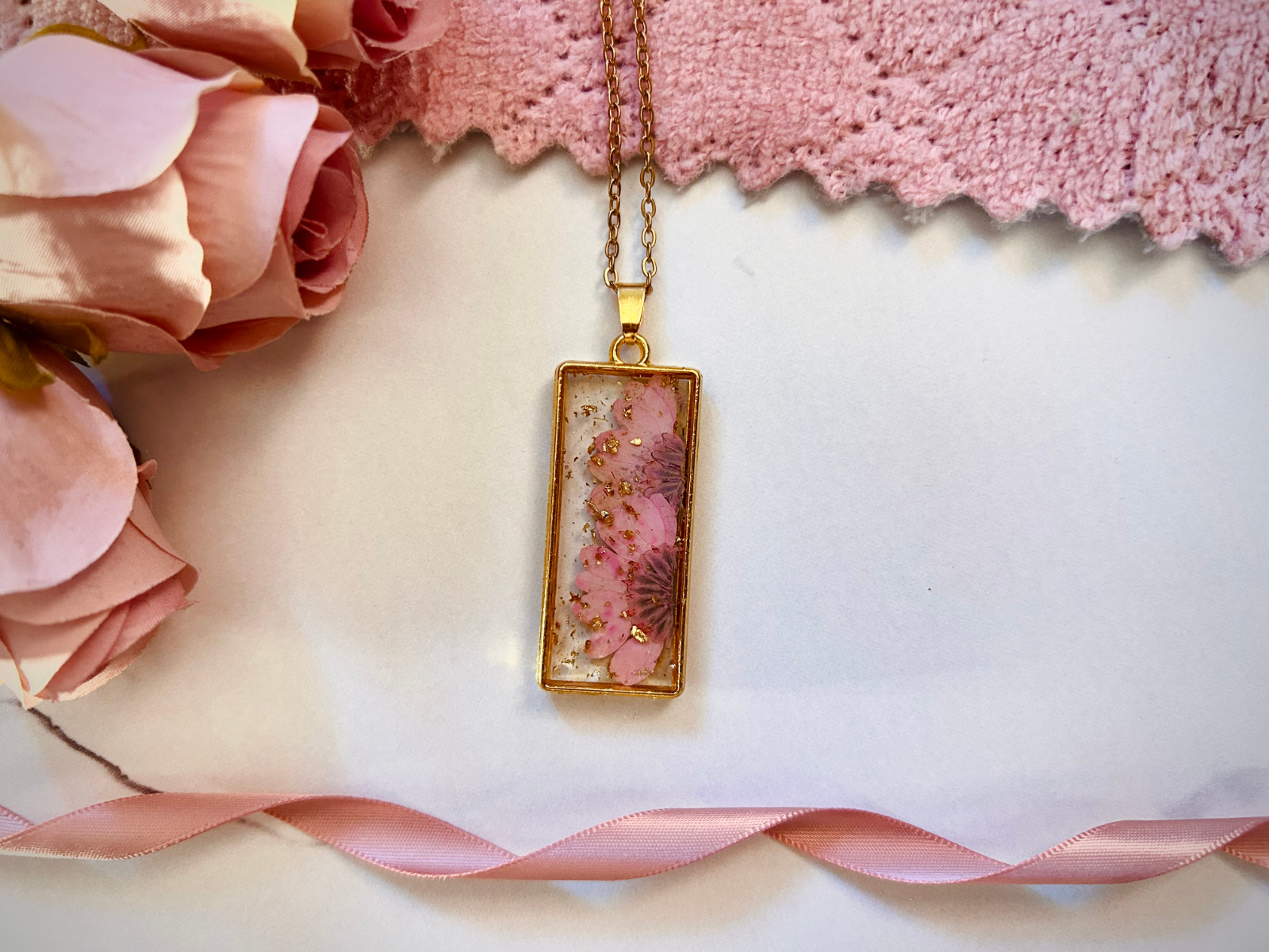 Real Pink Flower Necklace, Rectangle Resin Pendant, Preserved Botanicals Jewelry