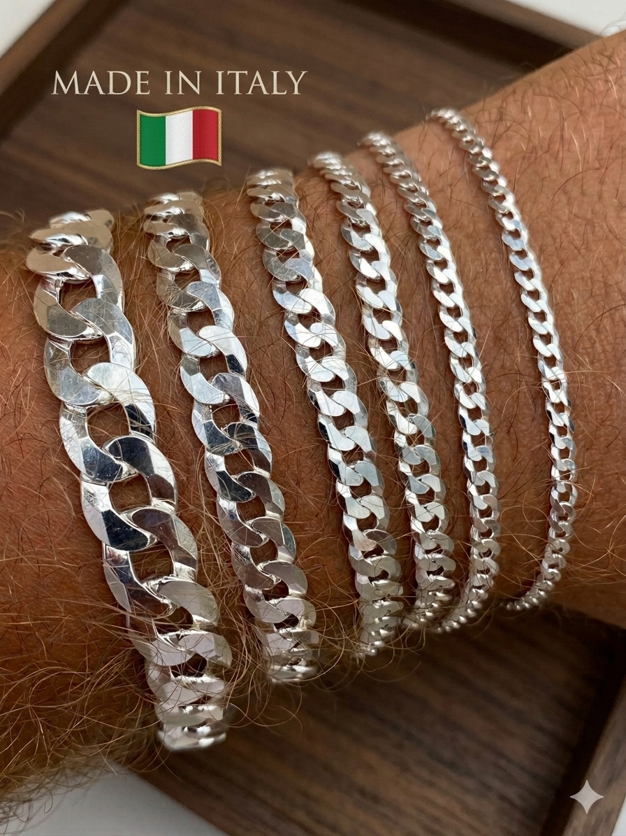 Real Solid 925 Sterling Silver Flat Curb Cuban Link Bracelet 3-10mm ITALY MADE