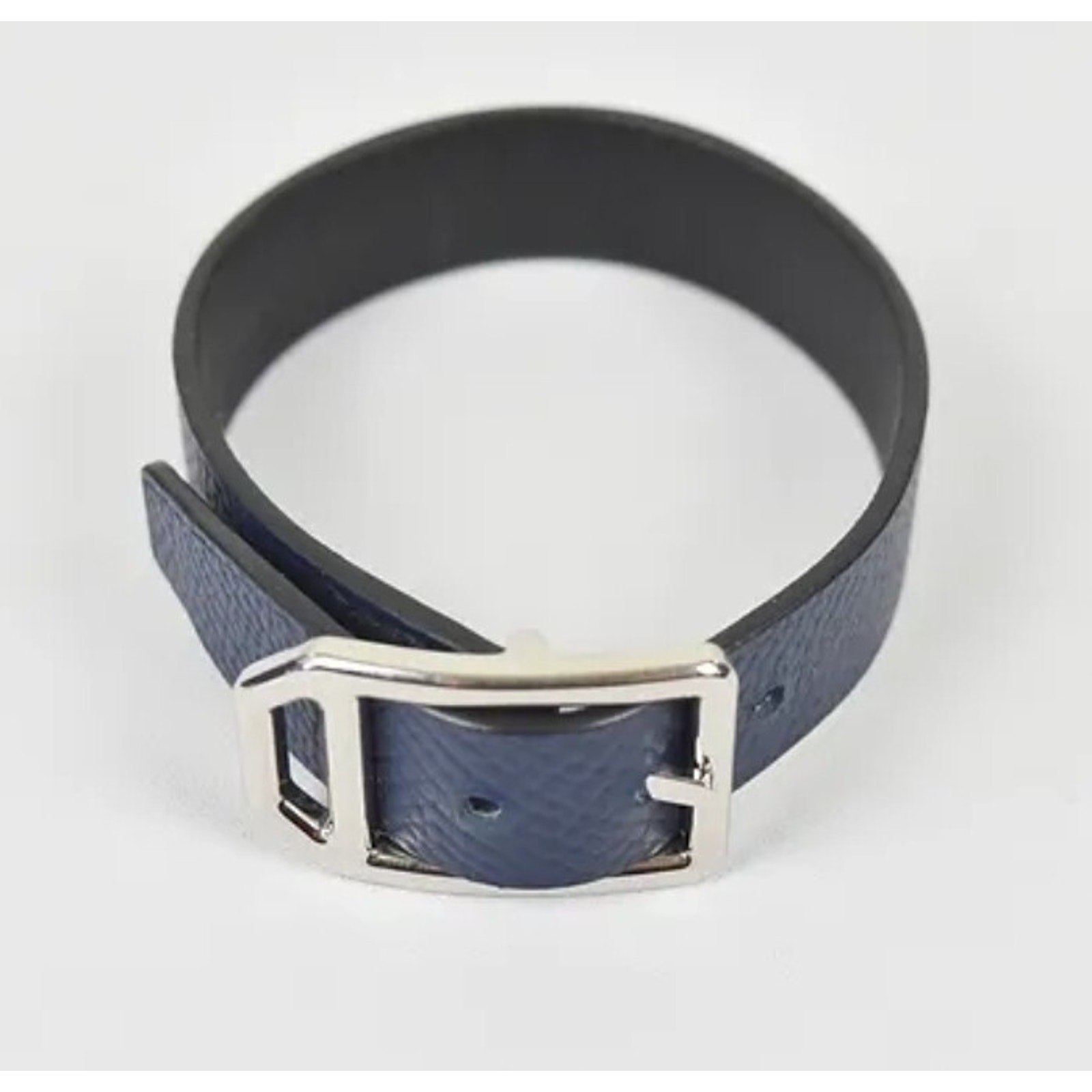 Hermes Paddock Palladium Plated Leather Wrap Bracelet Navy Blue