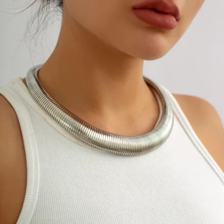 ​Silver Tone Tubogas Collar Necklace Punk Y2K Industrial Goth 17-19″
