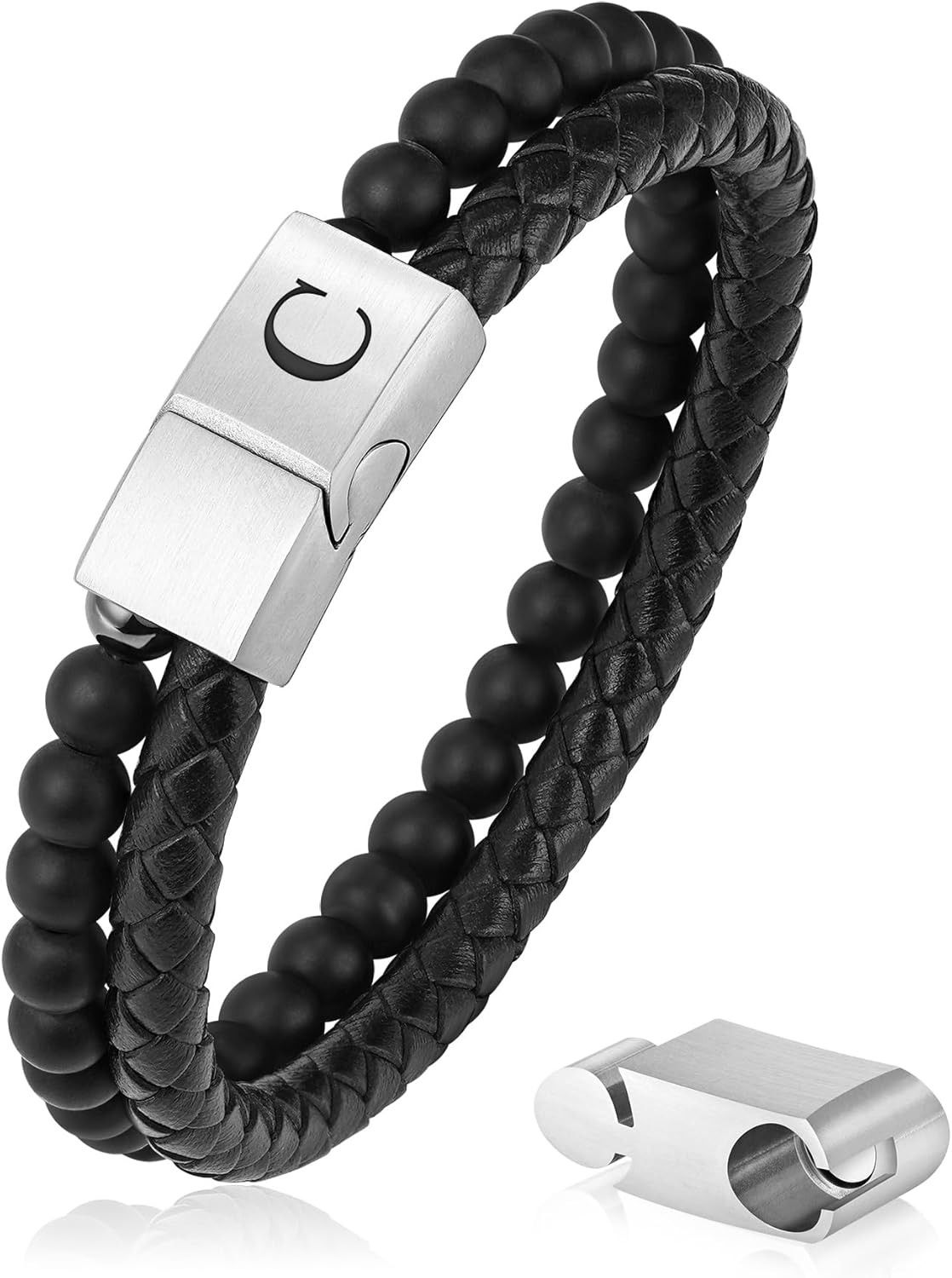 Pulsera de cuero con cuentas y inicial de 6 mm