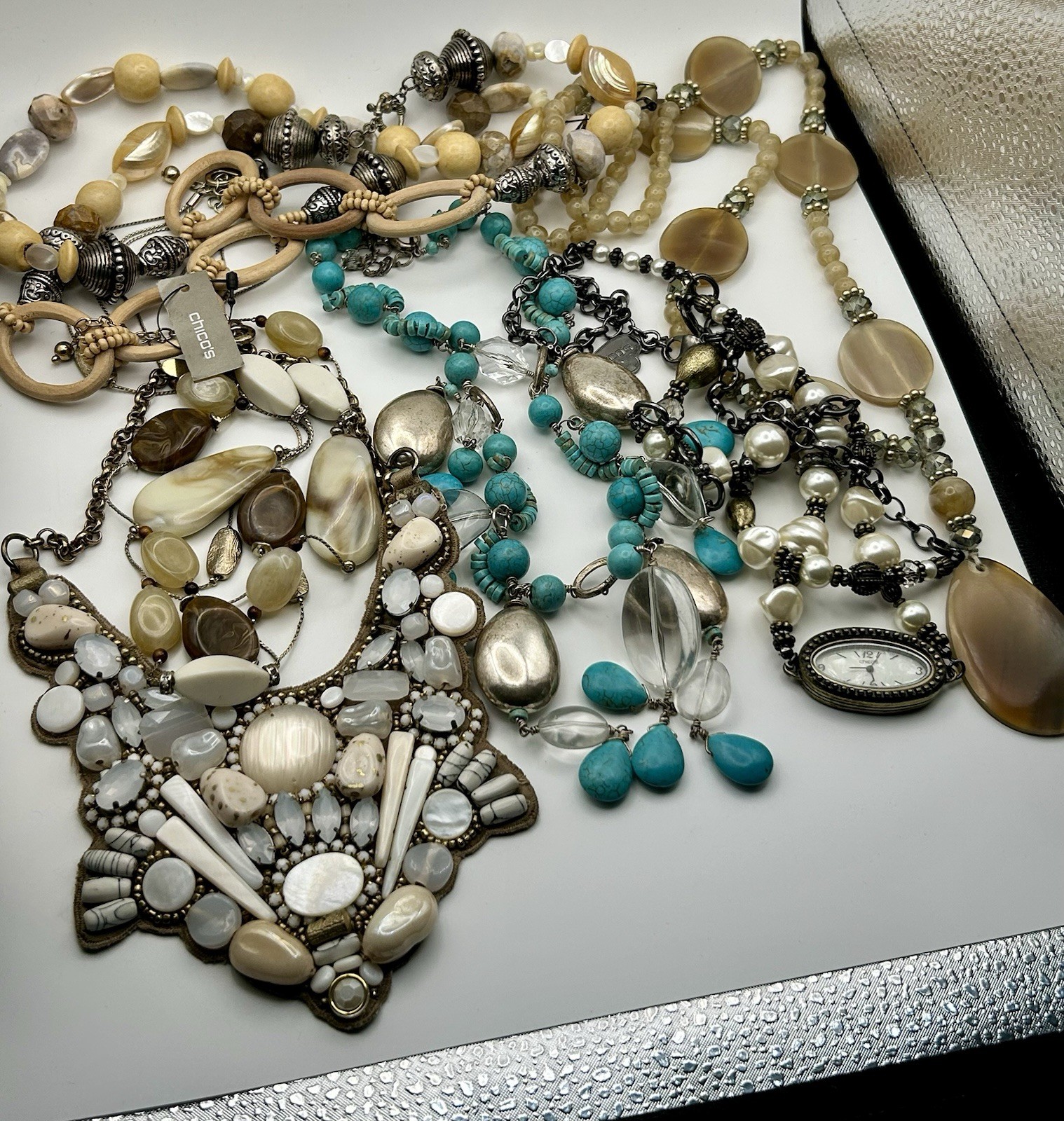 Chicos Six Necklace Lot Boho Beach Summer Stone Wood Beige Bib Bold Anniversary