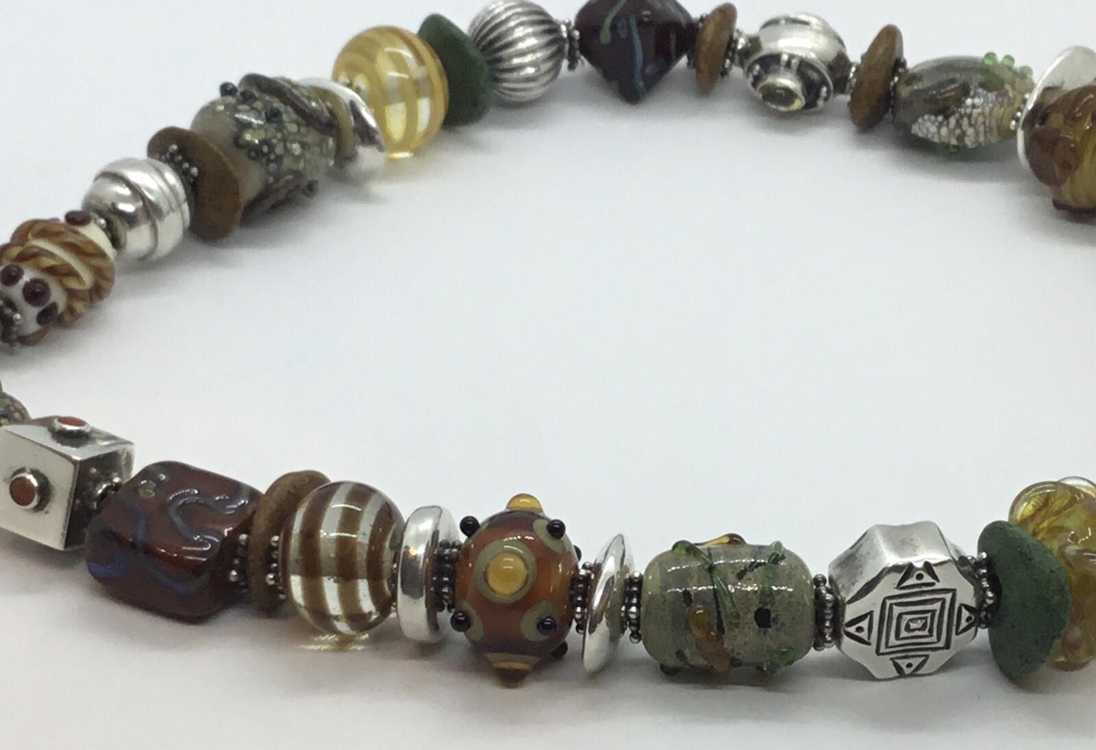 Artisan Necklace, Sterling Clasp, Different Sized Silver & Lampworked Beads, 18”