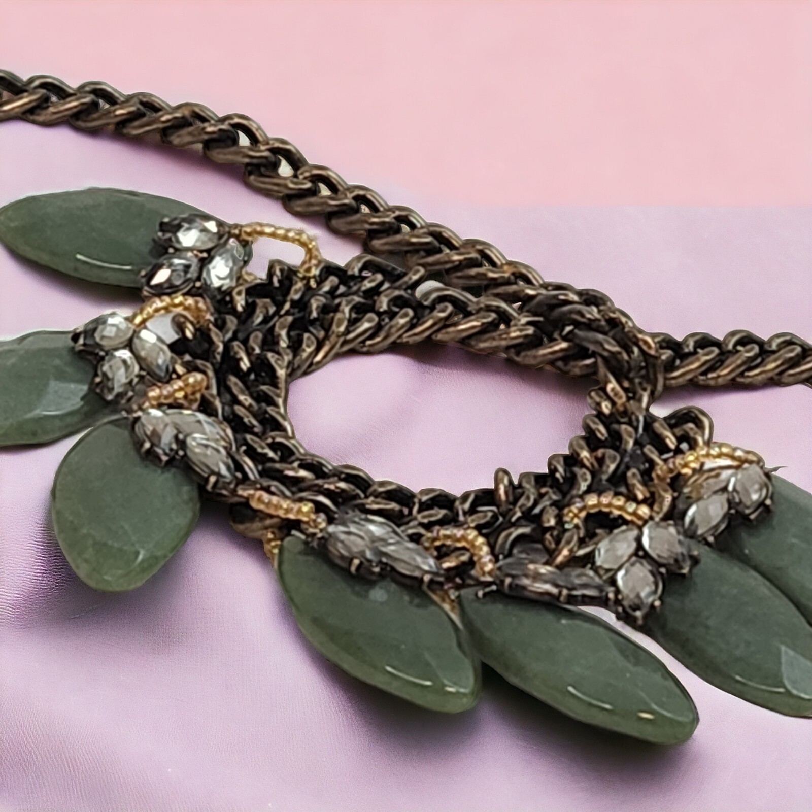 Chicos 20” Green Adventurine Stone Chunky Necklace Statement Bronze Color Chain