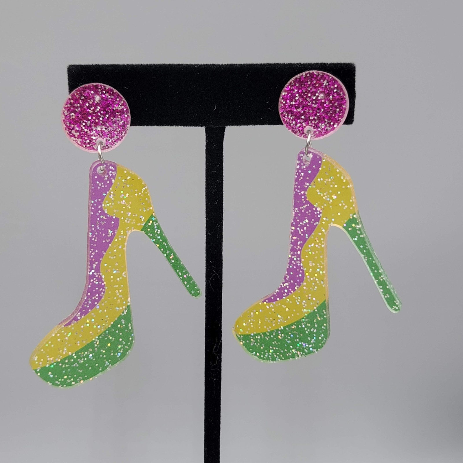 Glitter Multicolor High Heel Shoes Pierced Earrings Large Statement Dangle 2.5″